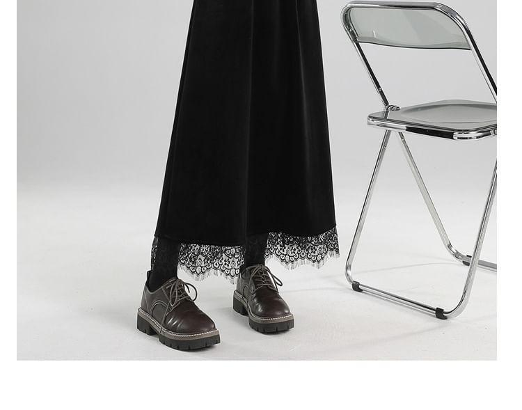 Elastic Waist Plain Velvet Lace Trim Midi A-Line Skirt Product Image