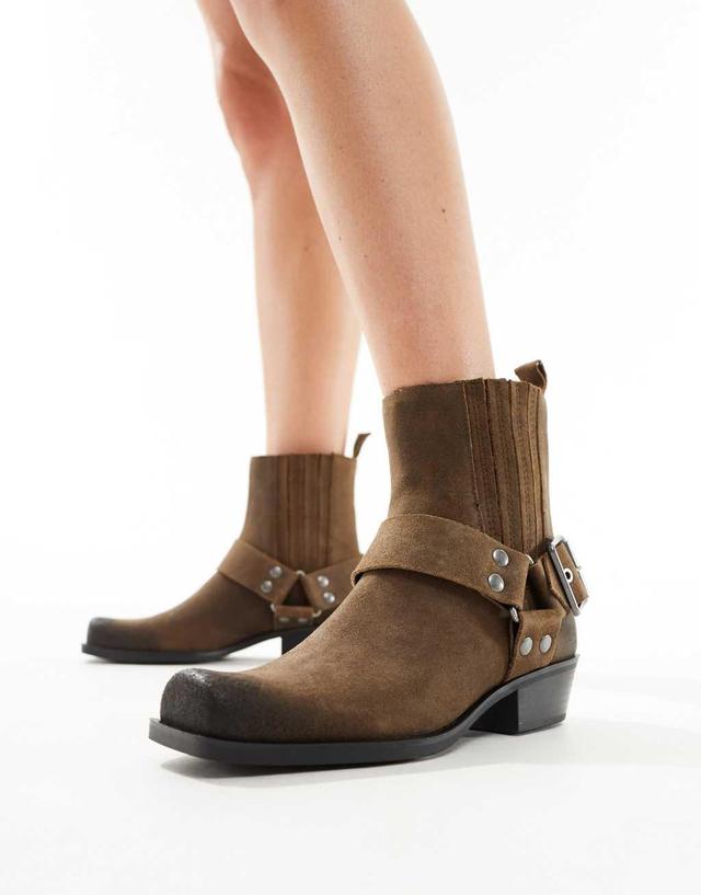 Pull&Bear ankle boots with buckle detail in brown Product Image