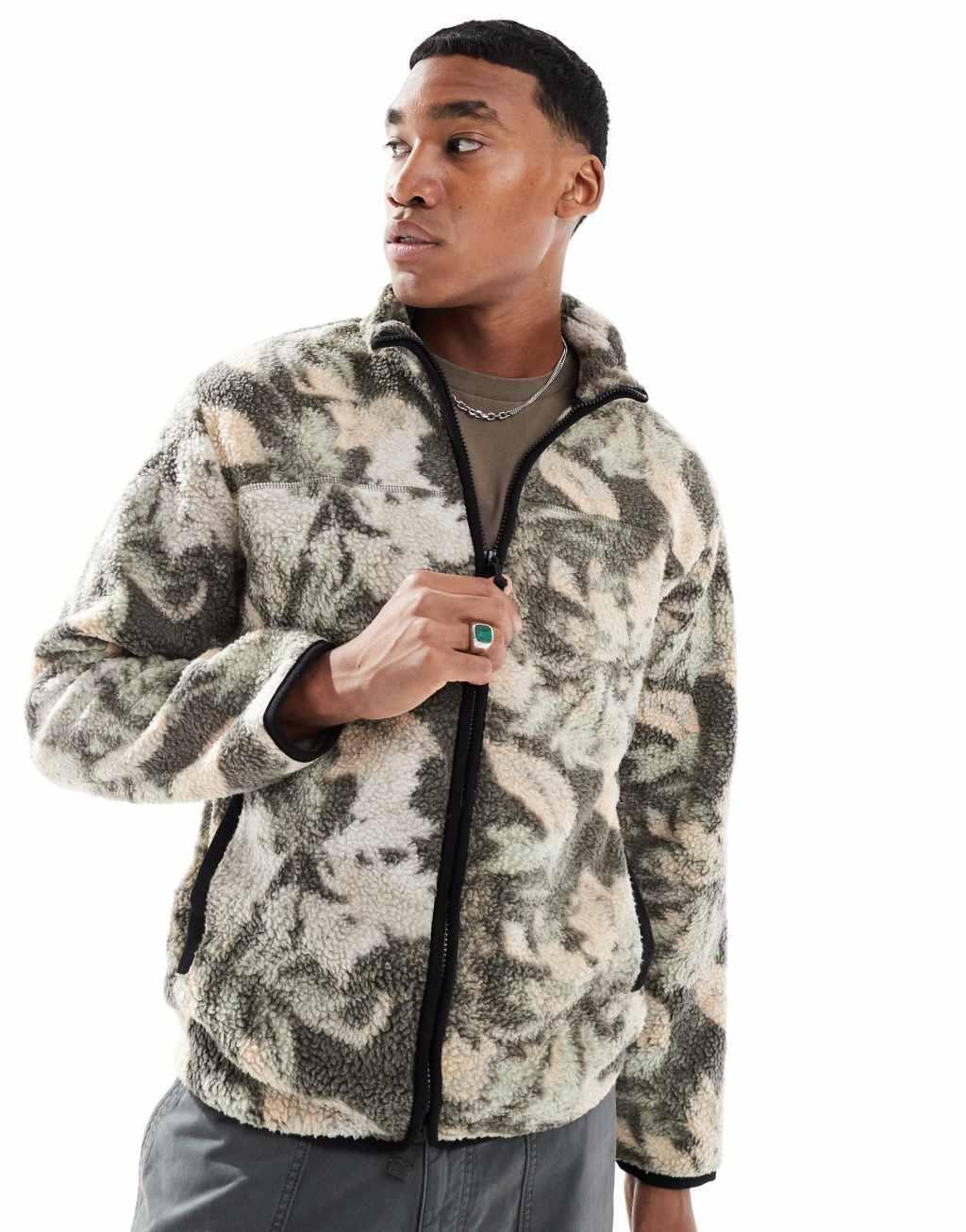 ONLY & SONS zip up fleece in green leaf print Product Image