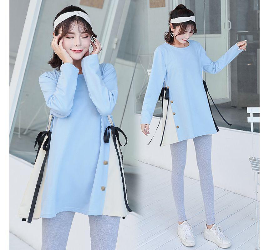 Maternity Long-Sleeve Round Neck Button Accent Two-Tone T-Shirt / Plain Leggings / Set Product Image