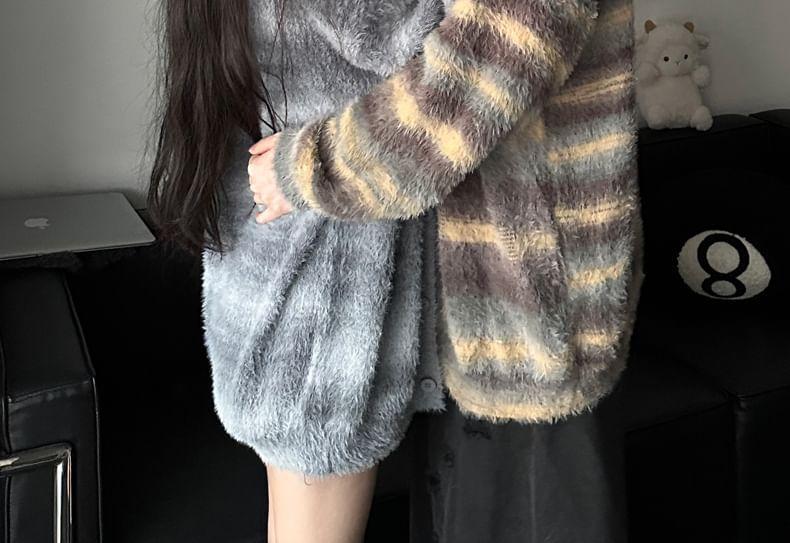 Couple Matching Crew Neck Striped Oversized Cardigan Product Image