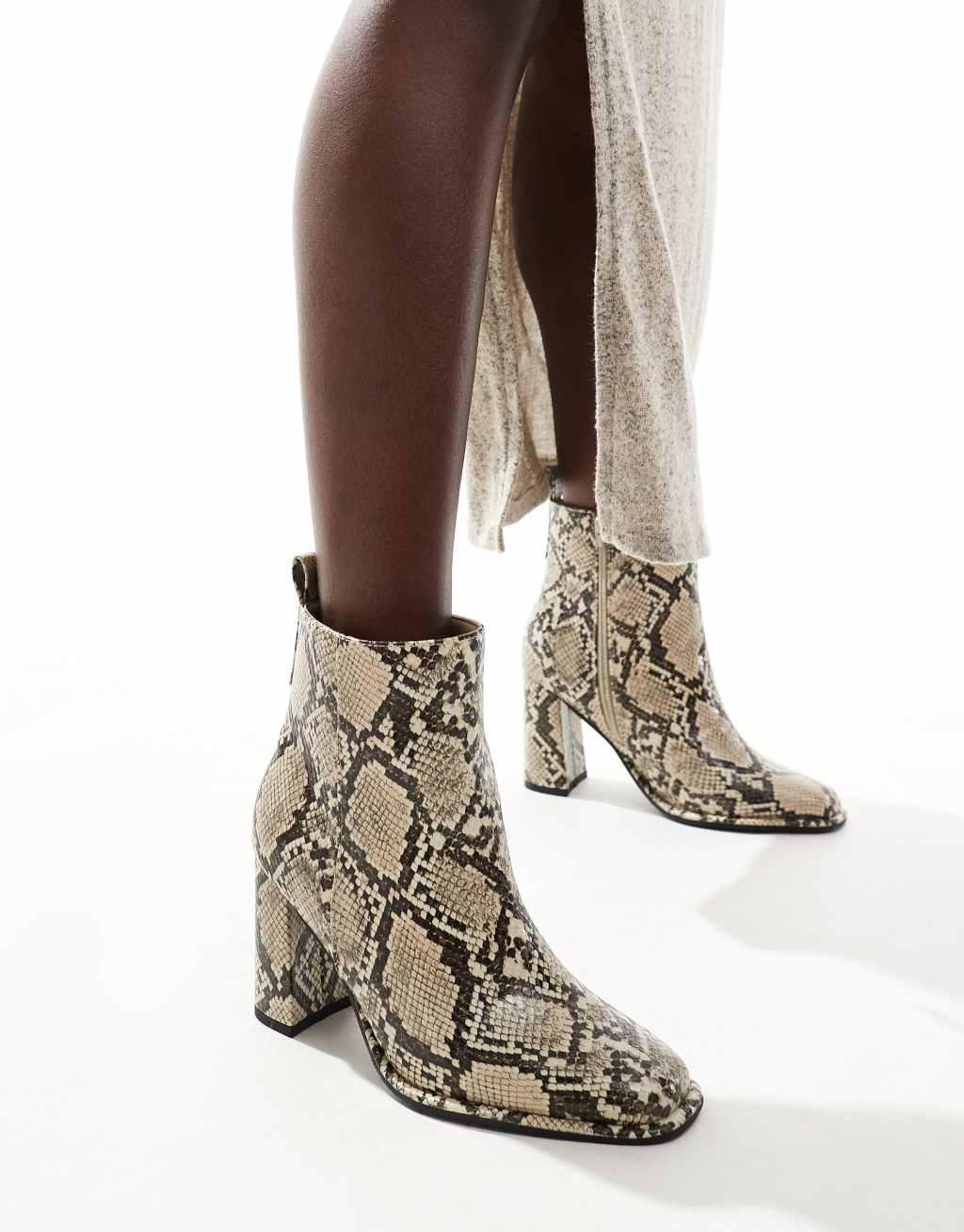 London Rebel Maddie wide fit block heel ankle boots in snake  Product Image