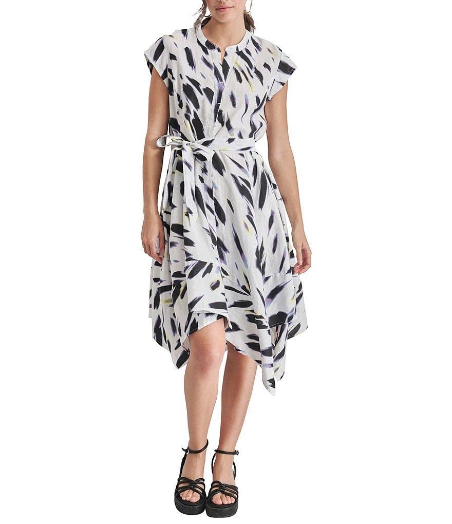 DKNY Linen Ruffle Cap Sleeve Tie Waist Midi Shirt Dress Product Image