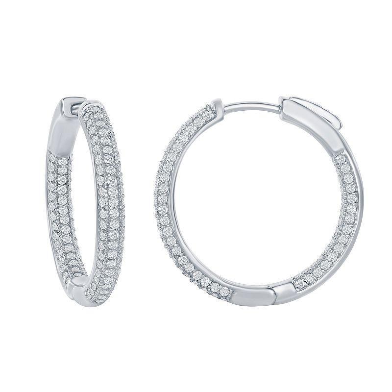 Sterling Silver Inside-Outside Cubic Zirconia Hoop Earrings, Womens, White Product Image