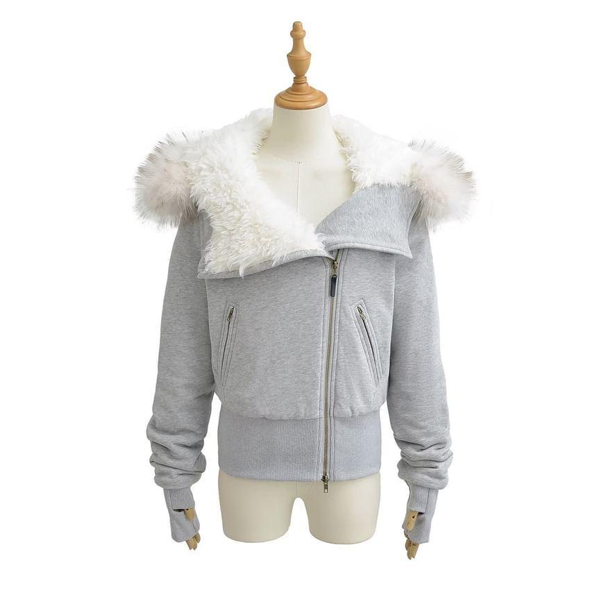 Long Sleeve Plain Fleeced Furry-Trim Hooded Zip-Up Jacket Product Image