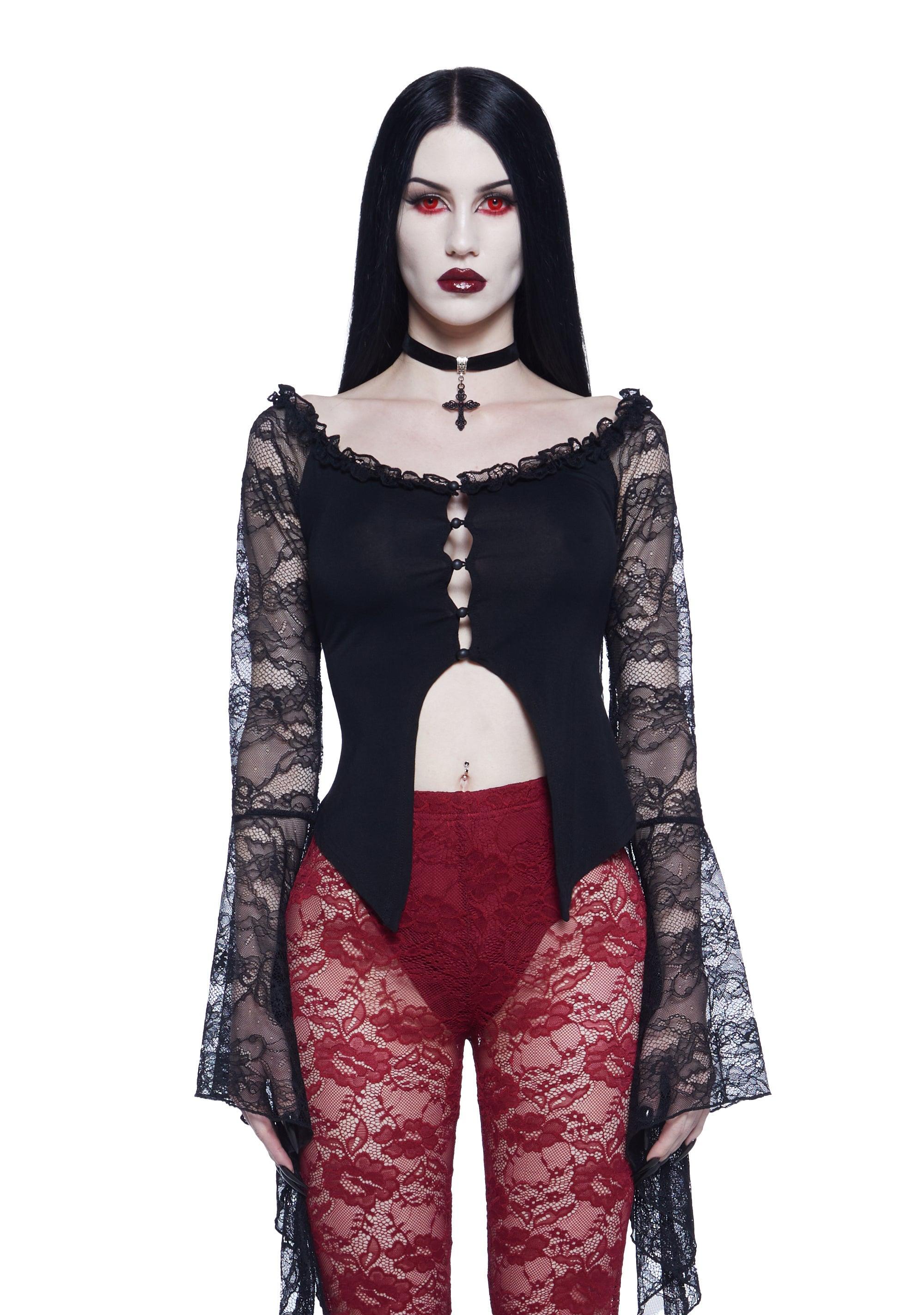 Widow Front Button Lace Bell Sleeve Top - Black product image