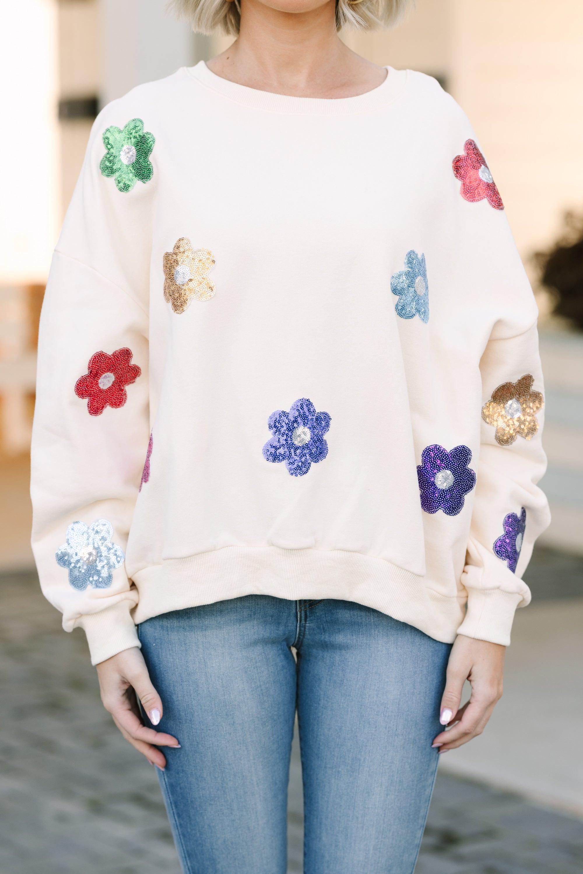 Just My Type Cream White Floral Sweatshirt Female Product Image