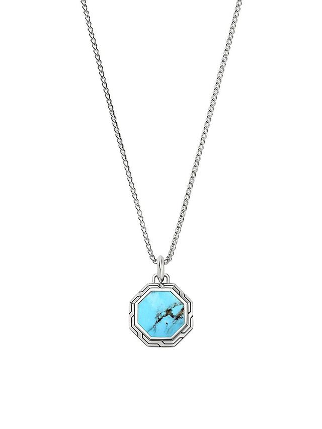 Mens Sterling Silver & Turquoise Pendant Necklace Product Image