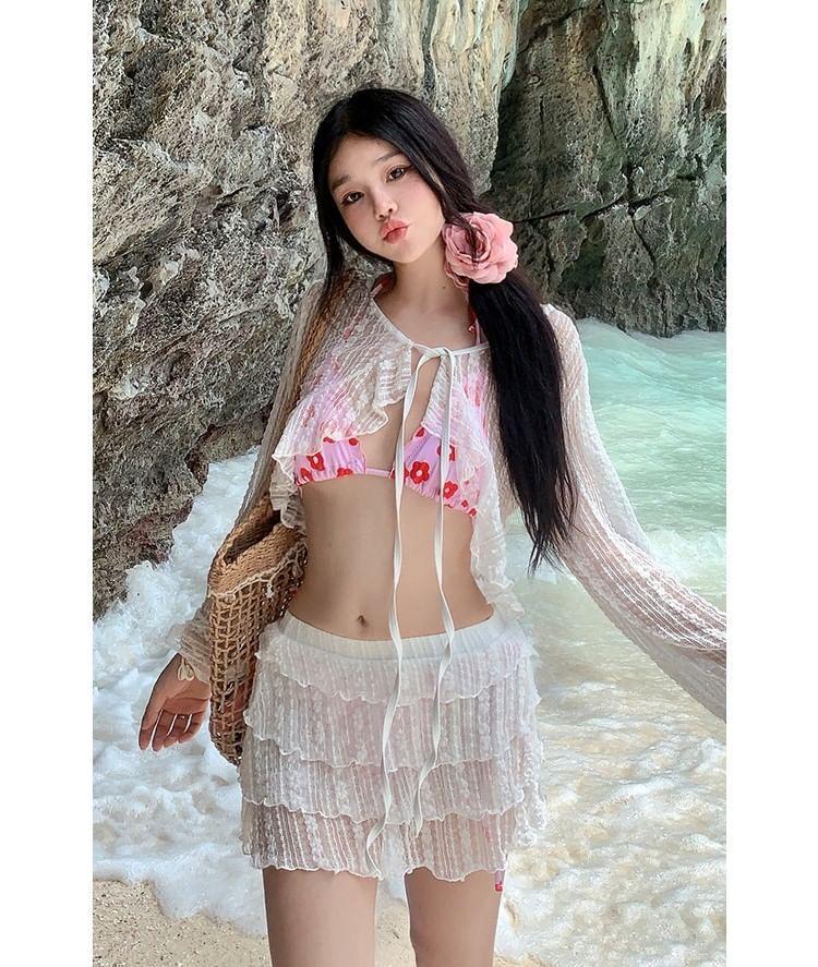 Set: Floral Bikini + Cover Up Top + Skirt Product Image