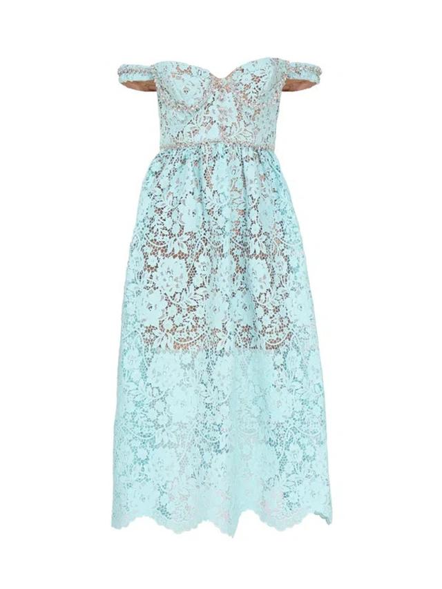 Off-the-shoulder Crystal-embellished Corded Guipure Lace Midi Dress In Blue Product Image