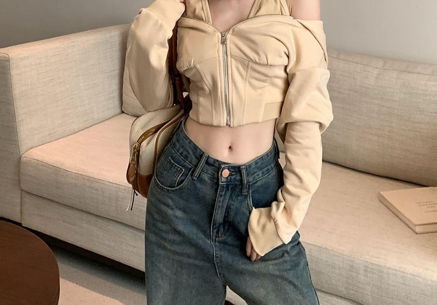 Cold-Shoulder Long-Sleeve Plain Zip-Up Crop Top Product Image