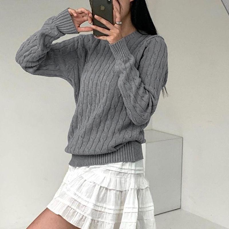 Long Sleeve Plain Cable-Knit Loose-Fit Sweater Product Image