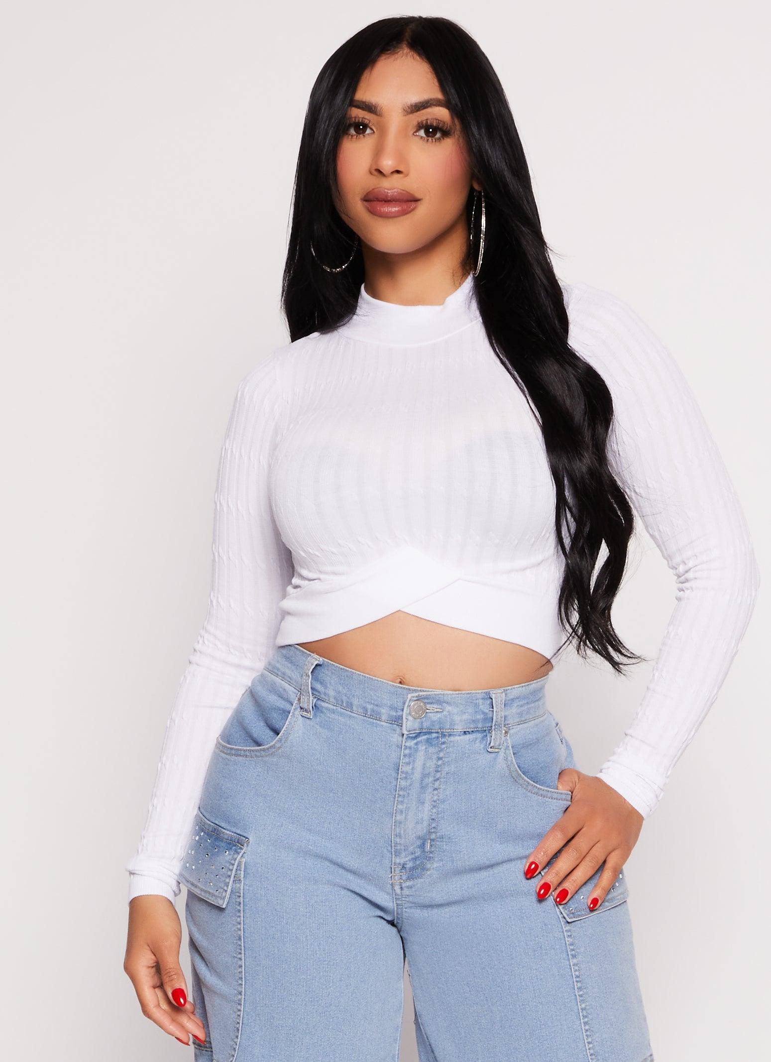 Womens Seamless Cable Knit Mock Neck Crop Top Product Image