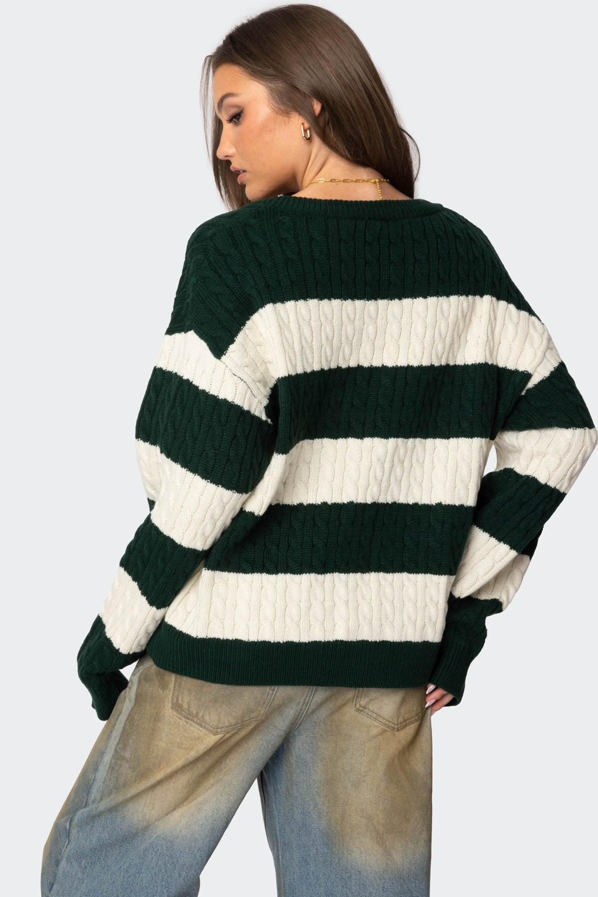 Oversized Striped Cable Knit Sweater Product Image