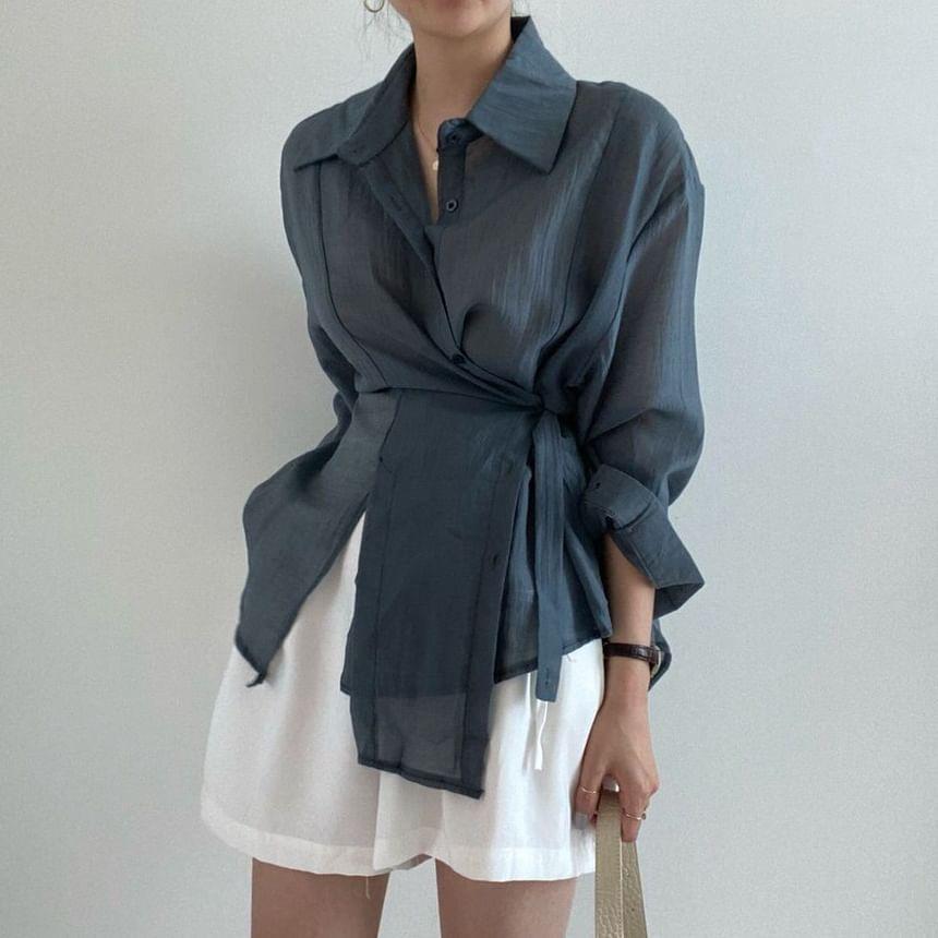 Long Sleeve Collared Plain Slit Wrap Shirt Product Image