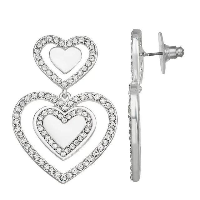 Nine West Silver Tone Crystal Double Heart Drop Earrings, Womens, Clear Product Image