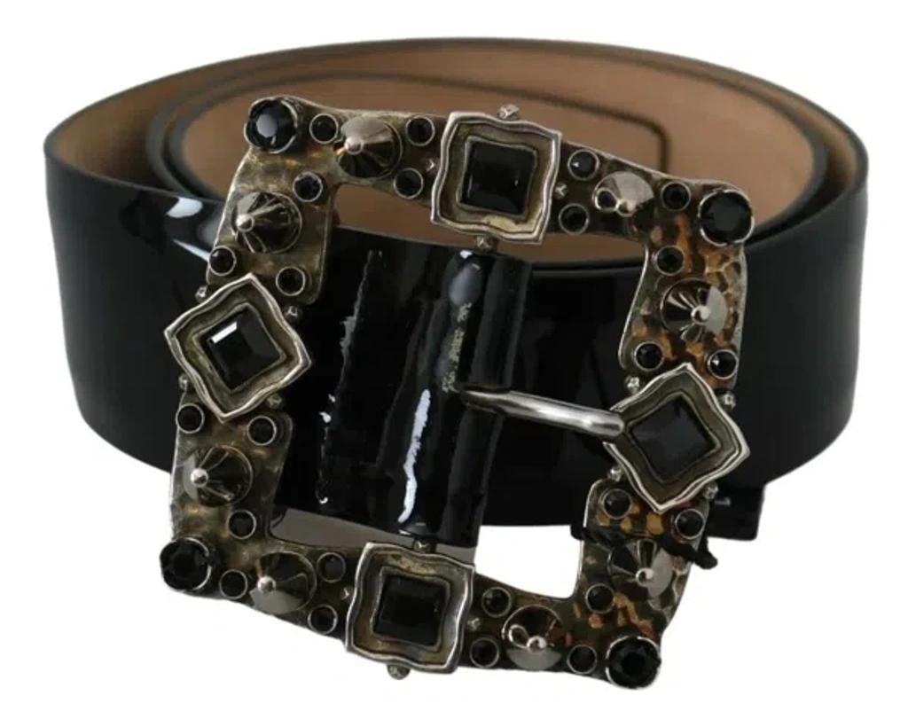 Black Shiny Leather Crystal Logo Buckle Belt Product Image