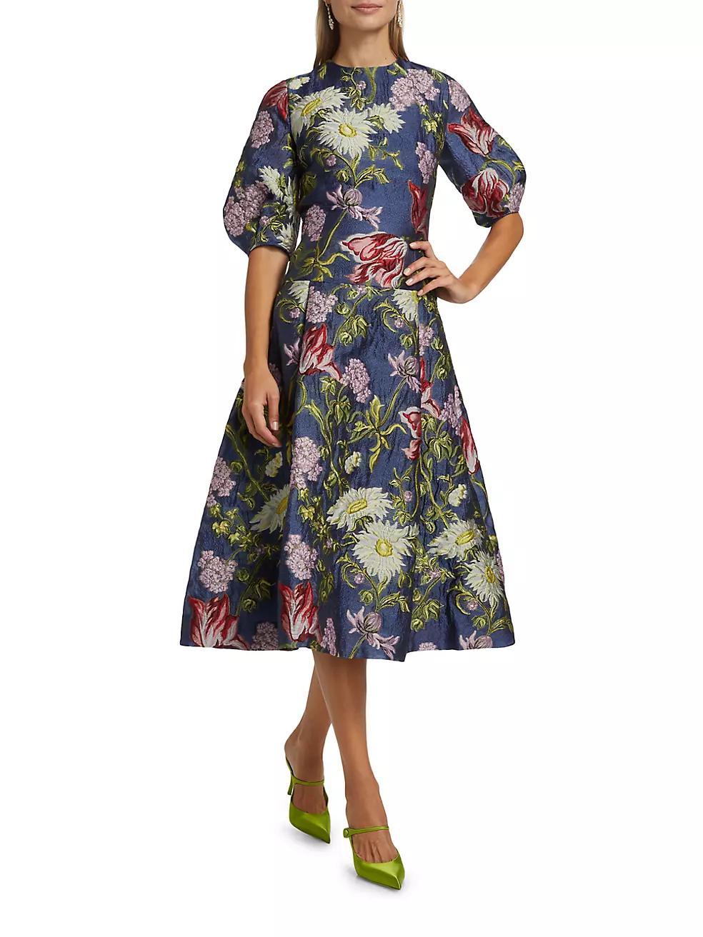 Floral Jacquard Puff-Sleeve Cocktail Dress Product Image