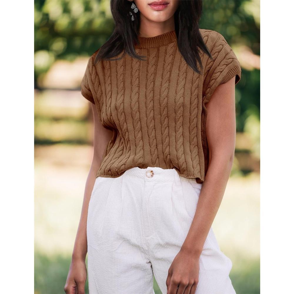 Women's Cap Sleeve Cropped Sweater Vest Casual Loose Crewneck Pullover Sweater Crop Tops Cable Knit Sweater Summer Sleeveless Tops - Light Brown,XL Product Image