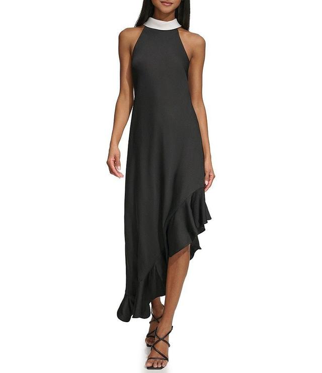 KARL LAGERFELD PARIS Satin Halter Mock Neck Sleeveless Asymmetrical Hem Midi Dress Product Image