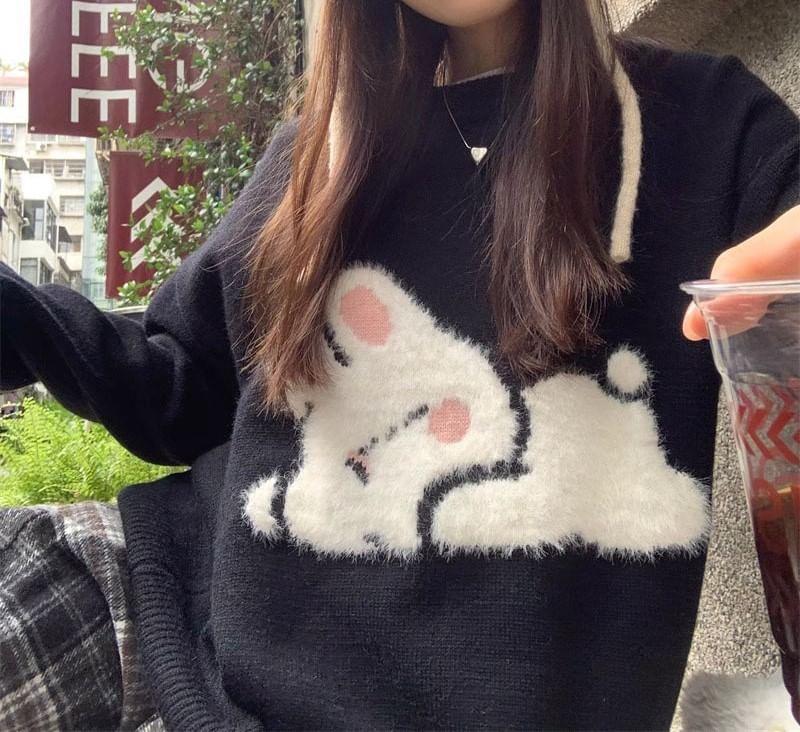 Long Sleeve Round Neck Bunny Oversized Sweater Product Image