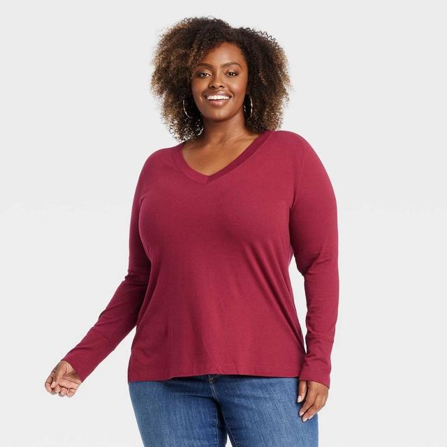 Womens Long Sleeve V-Neck T-Shirt - Ava & Viv Burgundy 3X Product Image