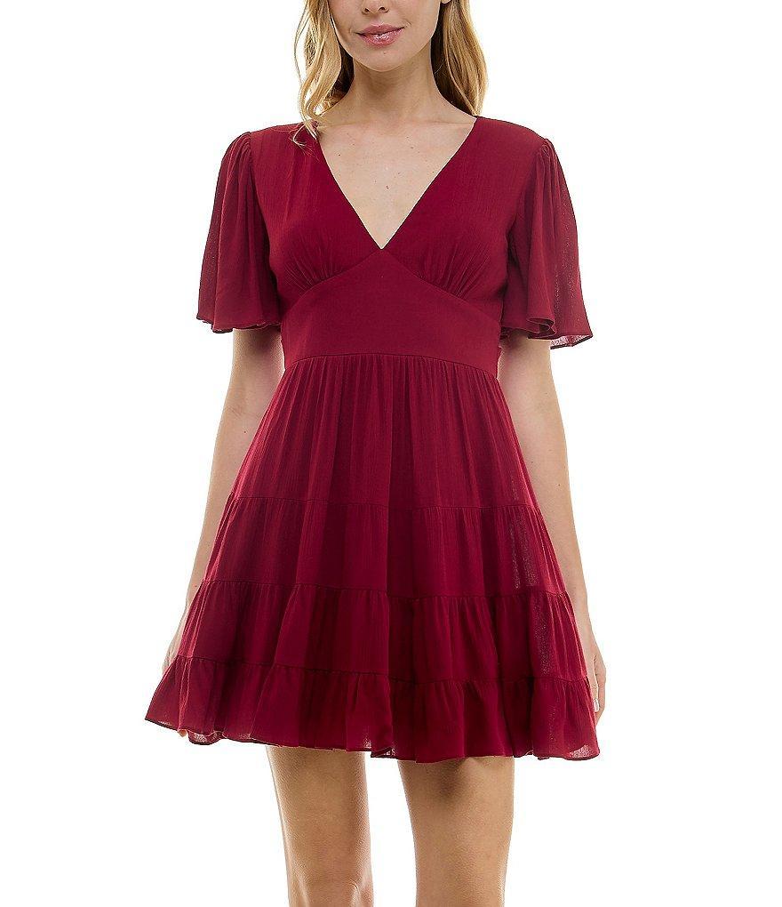 B. Darlin Short Flutter Sleeve V-Neck Tiered Dress Product Image