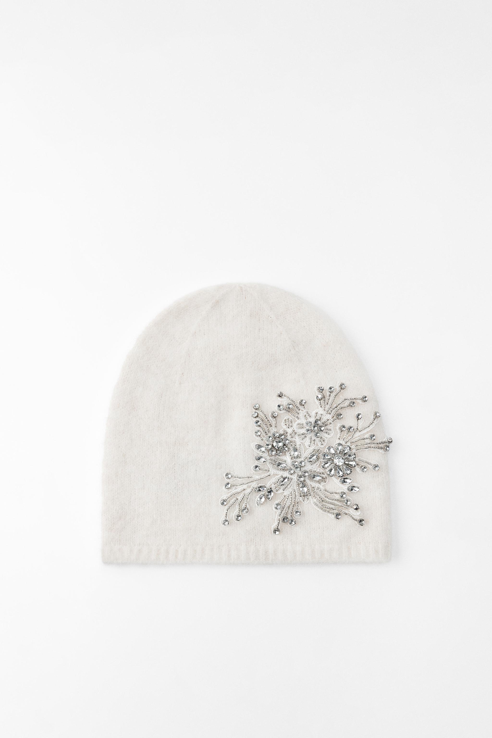 EMBROIDERED BEADED KNIT BEANIE Product Image