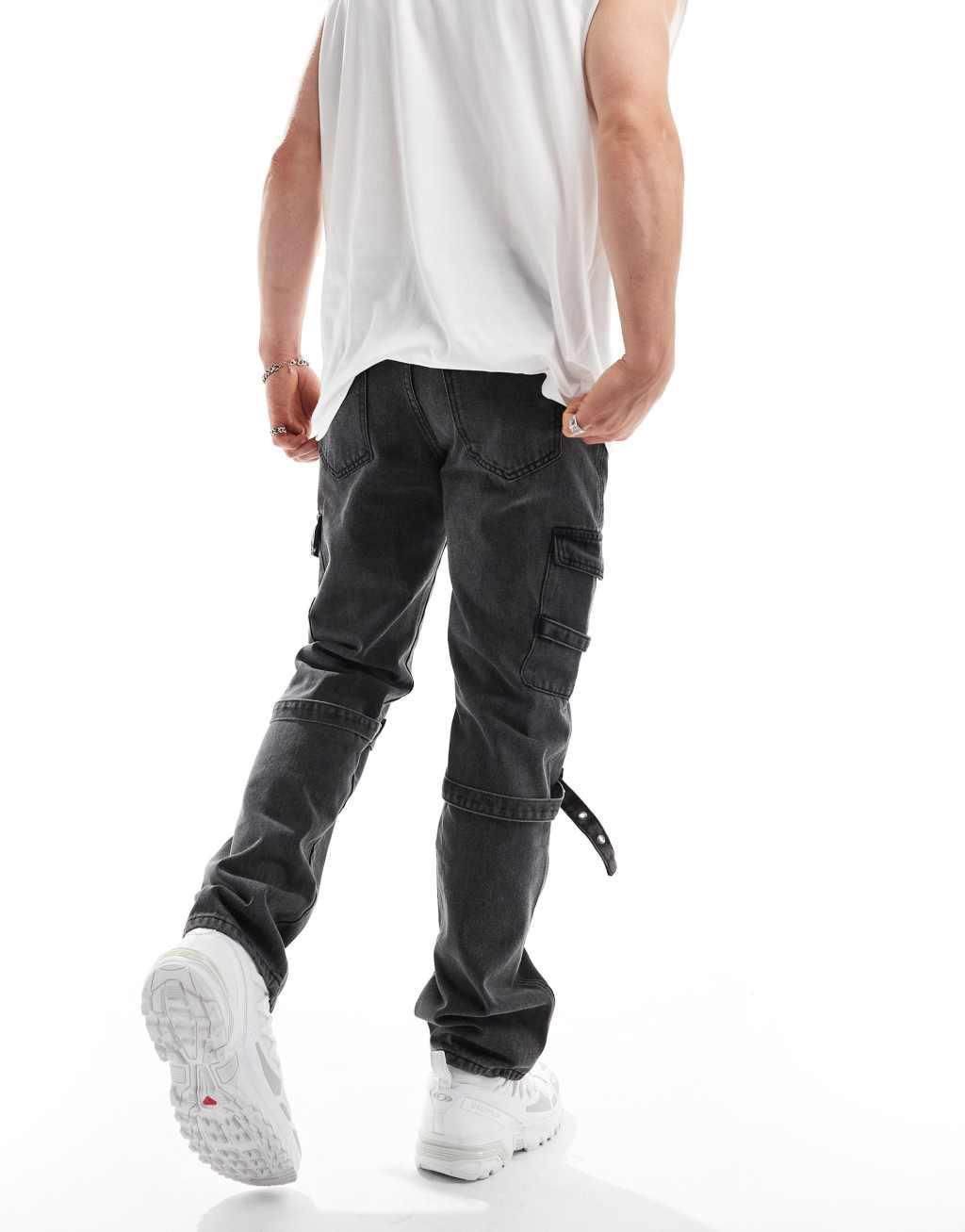 Liquor N Poker relaxed cargo jeans with strap in black wash Product Image