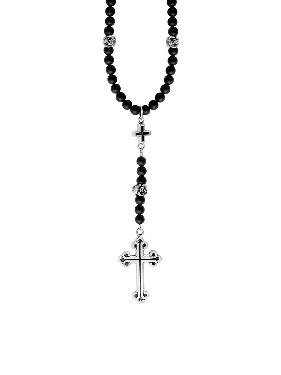 Mens Onyx Sterling Silver Beaded Cross Rosary Product Image