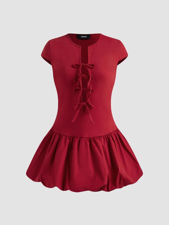 Cotton-blend Round Neckline Solid Tie Front Bubble Hem Mini Dress Product Image