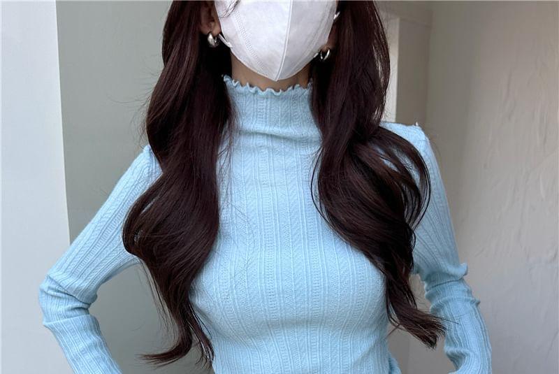 Turtleneck Ruffle Trim Ribbed Knit Top Product Image