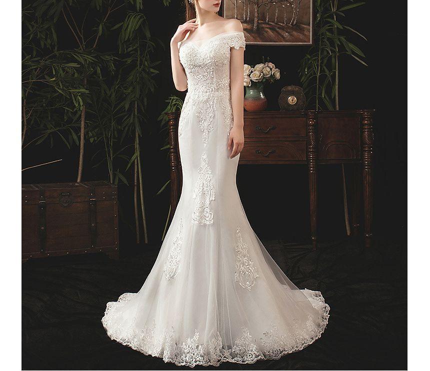 Short-Sleeve Off Shoulder Sequined Floral Lace Trained Mermaid Wedding Gown Product Image