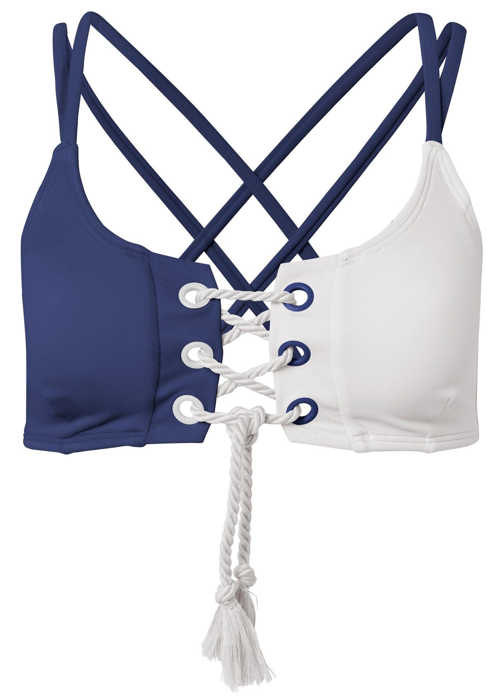 The Rosa Lace Up Top - Navy Blue & White Product Image