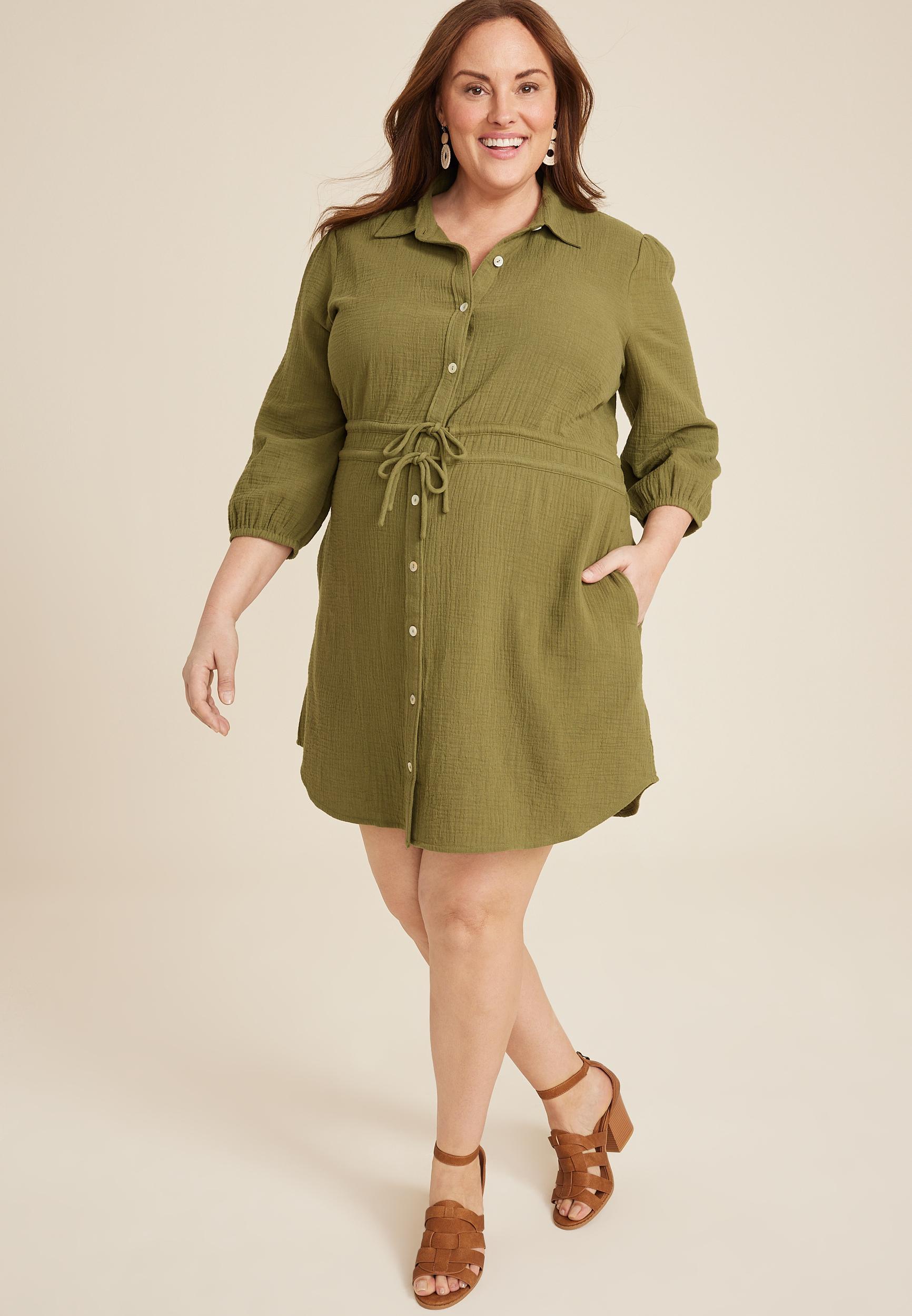 Maurices Plus Size Womens 3/4 Sleeve Button Front Shirt Dress Green Size 2X Product Image