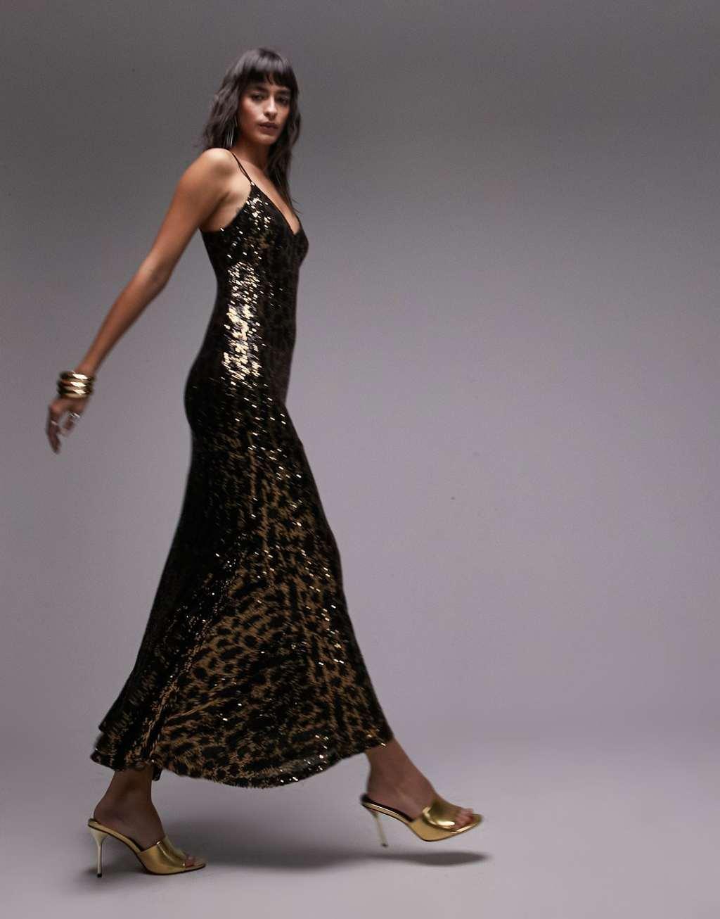 Topshop animal sequin maxi dress in black and gold Product Image