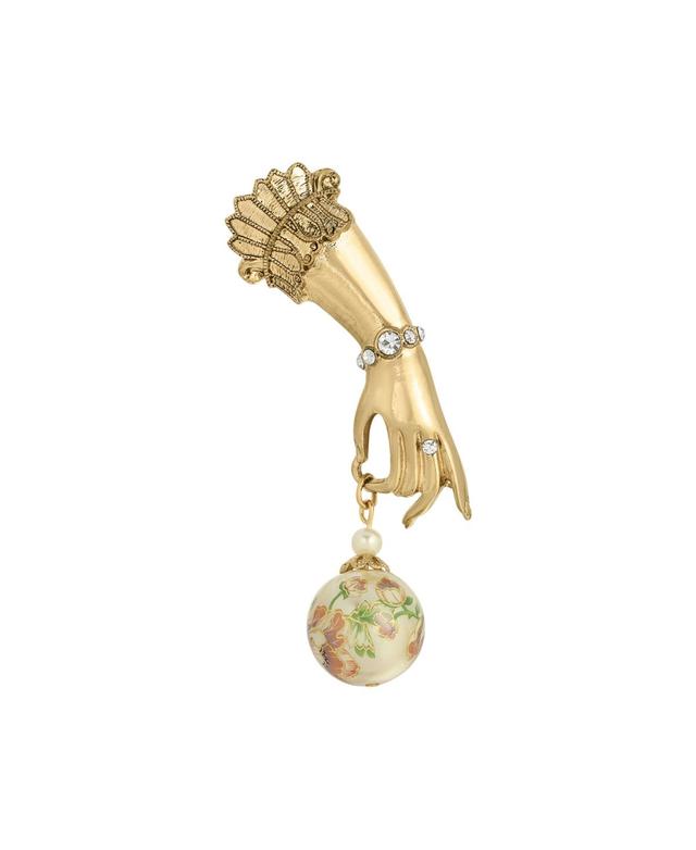 1928 Gold Tone Ladys Hand Pin with Crystal Accents & Floral Bead, Womens, Pink Product Image