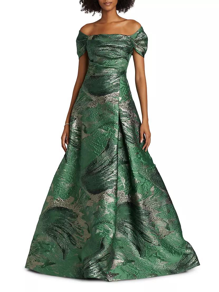 Leaf Metallic Jacquard Off-the-Shoulder Gown Product Image