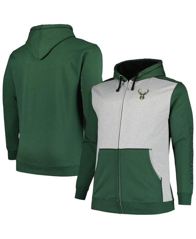 Mens Fanatics Branded Hunter Green/Heather Gray Milwaukee Bucks Big & Tall Contrast Pieced Stitched Full-Zip Hoodie Product Image