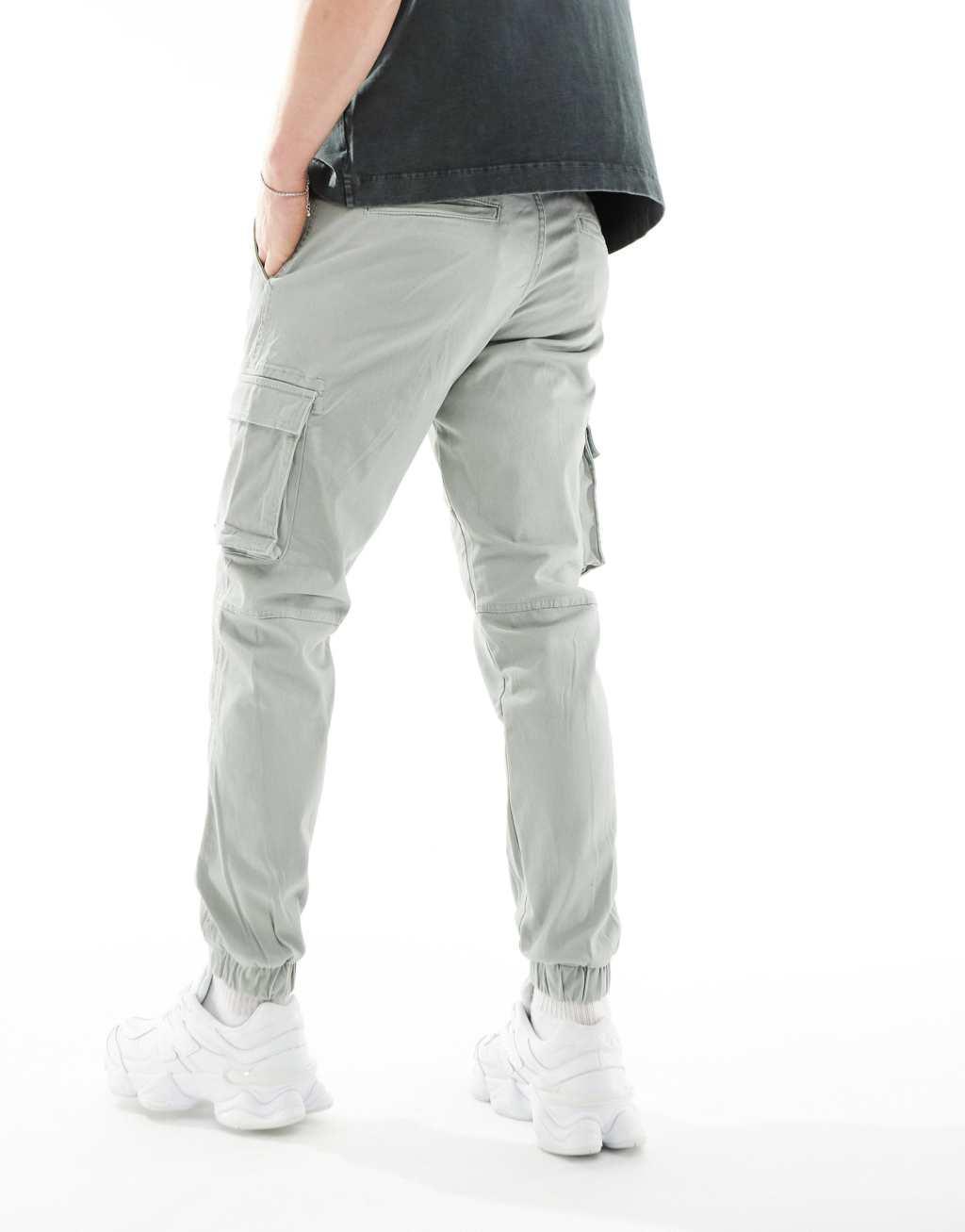 ONLY & SONS tapered fit cargo pants with cuffed bottoms in light sage Product Image