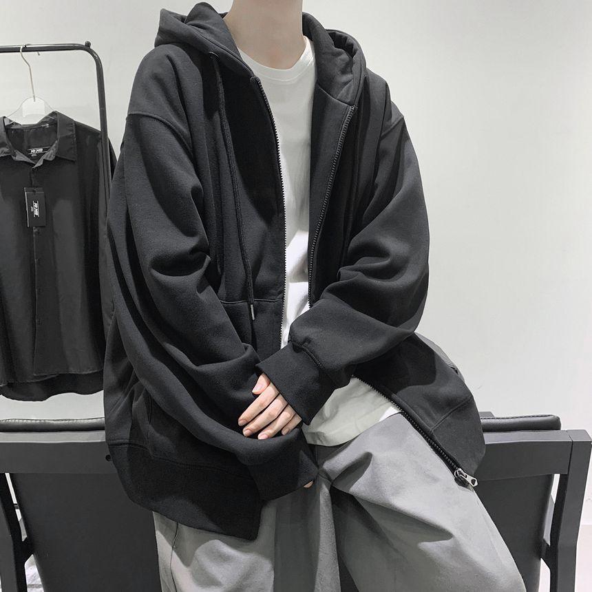 Plain Zip-Up Hoodie Product Image