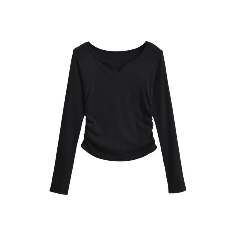 Long Sleeve Notch Neck Plain Ruched T-Shirt Product Image