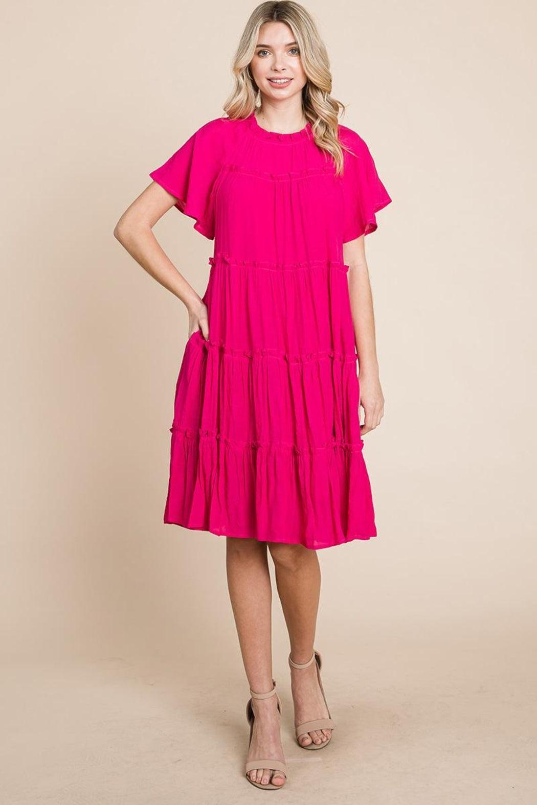 Tiered Babydoll Dress With Pockets Pink  Product Image