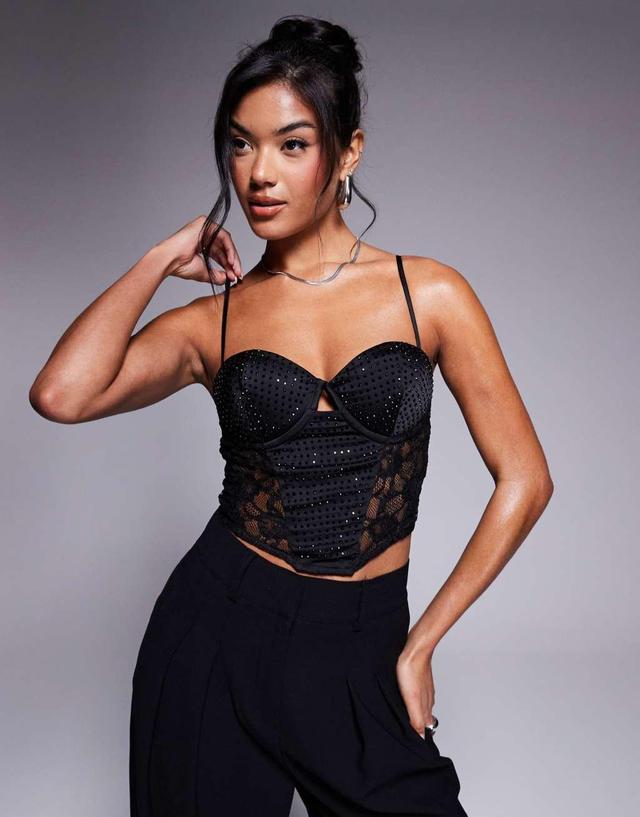 ASOS DESIGN bust cup hotfix corset top with lace panels in black Product Image