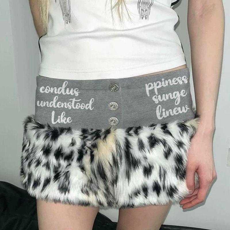 High Waist Lettering Animal Print Faux Fur Mini Skirt Product Image