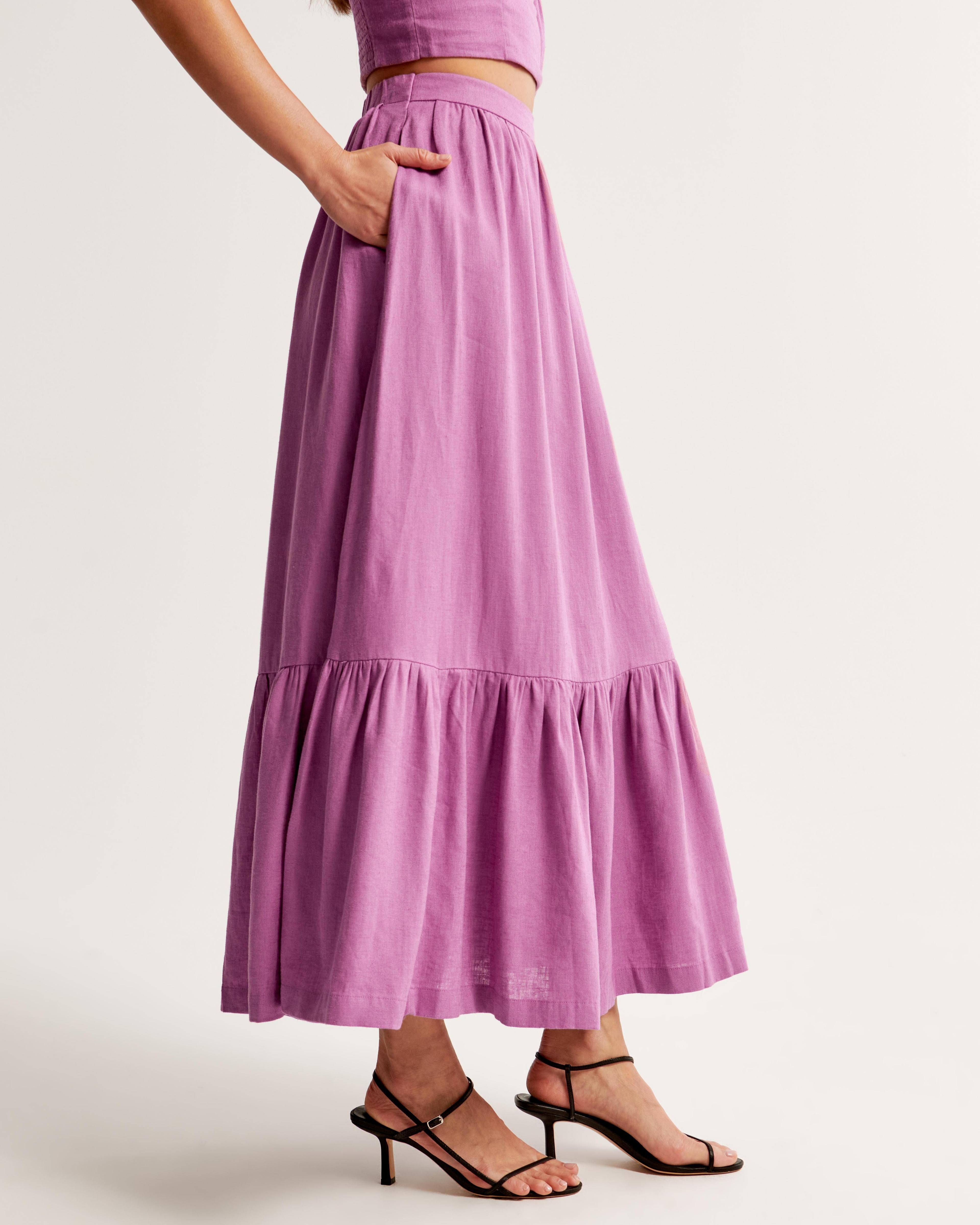 Linen-Blend Tiered Midi Skirt Product Image