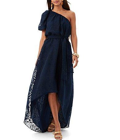 Trina Turk Afloat Sheer Burnout Asymmetrical One-Shoulder Puff Sleeve High-Low Hem Belted Maxi Dress Product Image