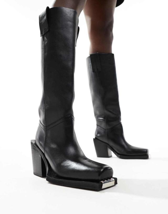 ASOS DESIGN Celia leather western pull on boots in black Product Image