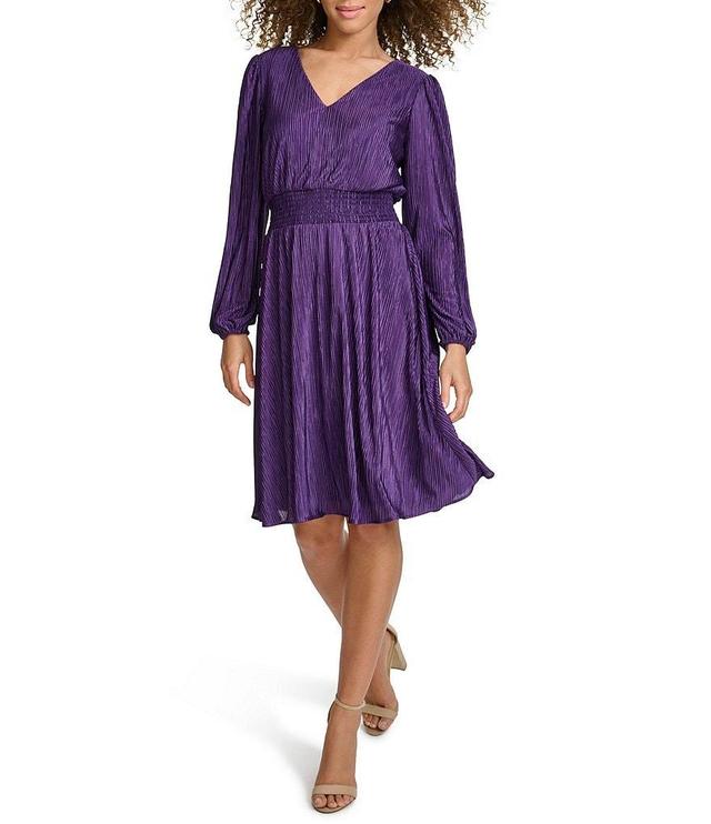 Kensie Long Puffed Sleeve Pleated Knit V-Neck Smocked Waist A-Line Dress Product Image