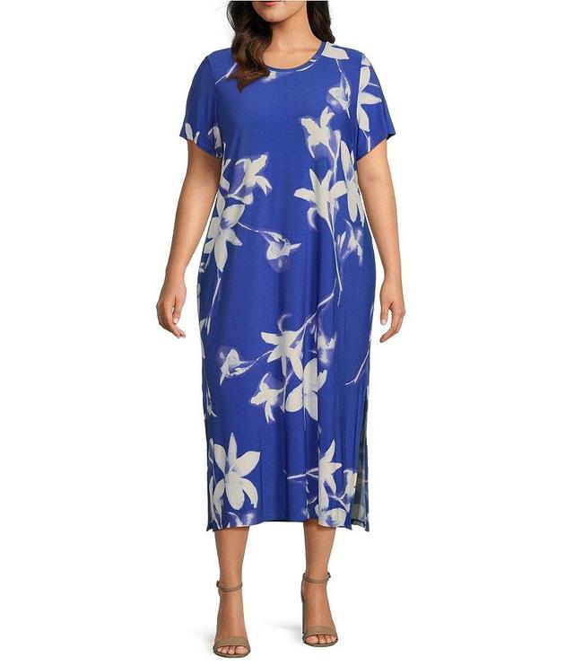 Calvin Klein Plus Size Floral Placement Print Crew Neck Short Sleeve Sheath Dress Product Image